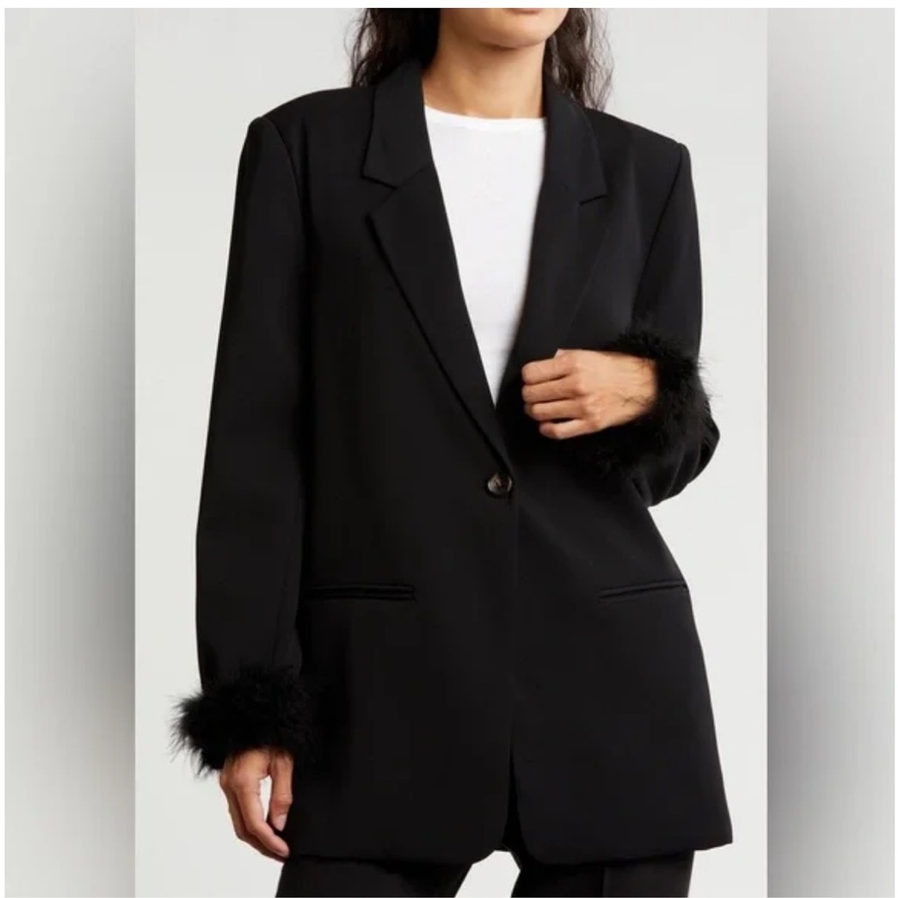 Black Blazer with Feather Trim